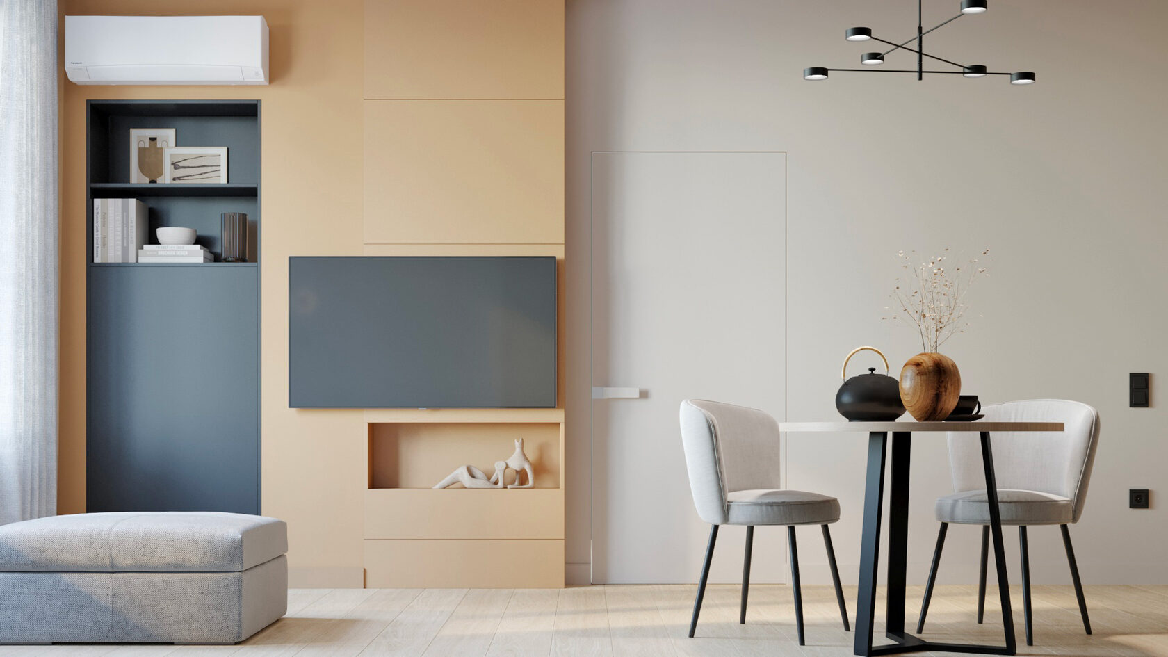Espace détente dans un aménagement petit espace salon avec cuisine ouverte et design moderne