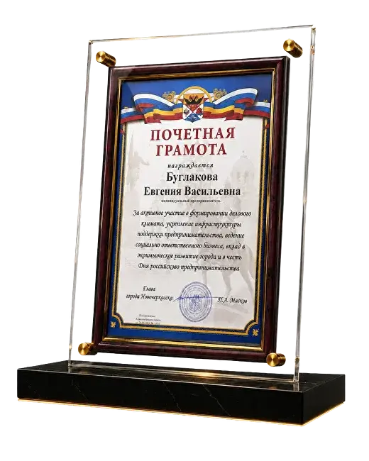 Почетная грамота Главы города Новочеркасска руководителю брендингового агентства Бизнес-Класс Евгении Буглаковой за вклад в экономику