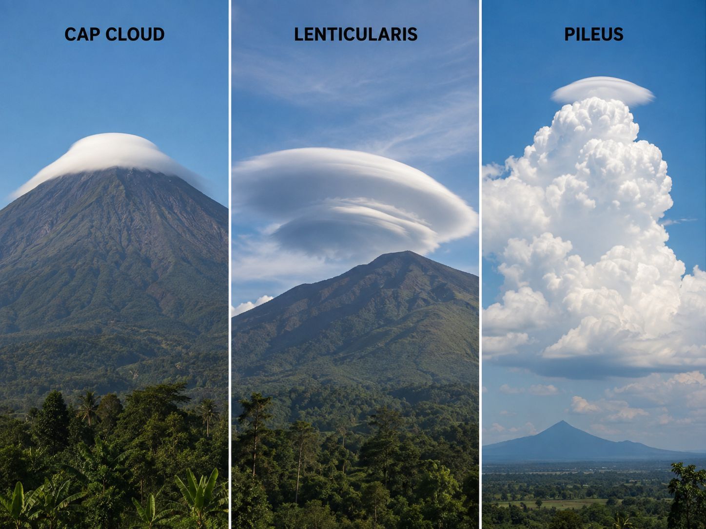 Perbandingan cap cloud, awan lentikular, dan pileus dalam kondisi pegunungan