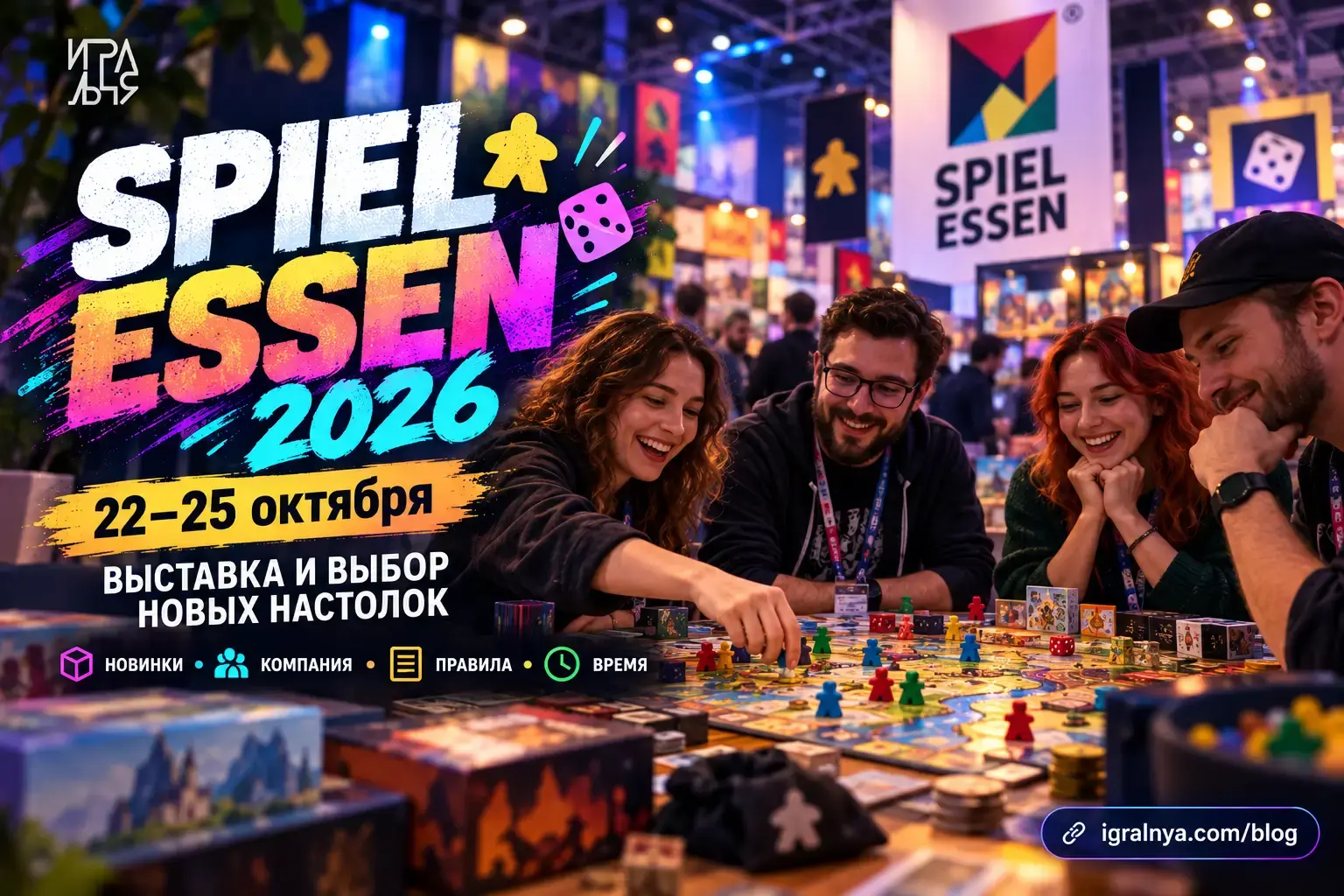 Посетители играют в новые настольные игры на выставке SPIEL Essen перед столами с игровыми новинками.
