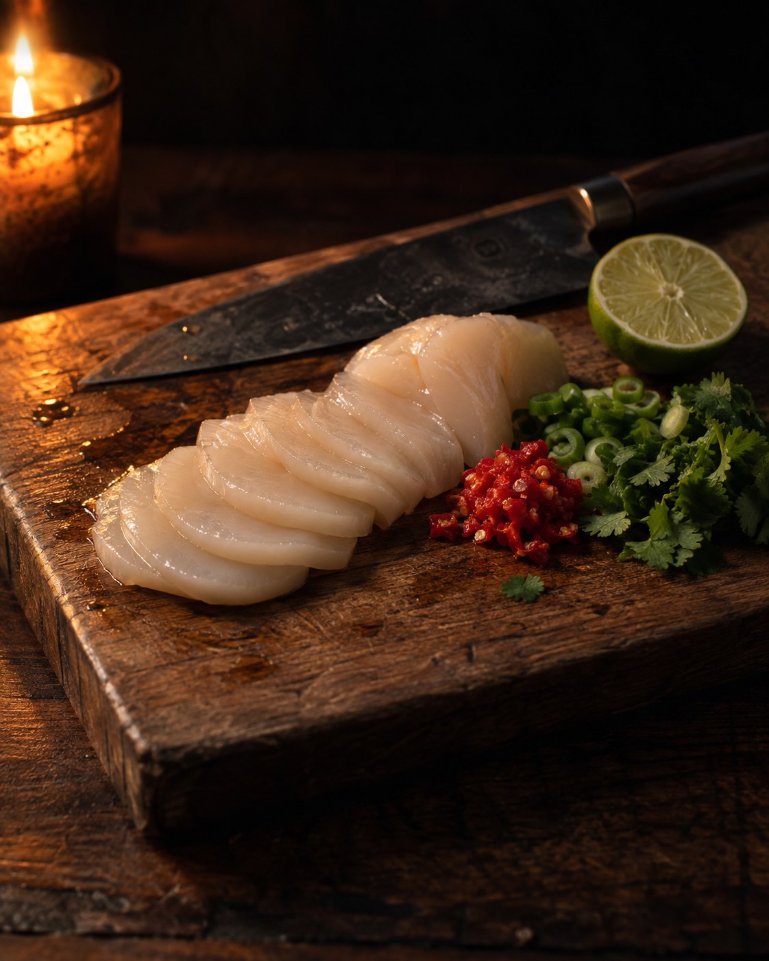 A scallop sliced into thin rounds on a cutting board with chopped chili, green onion and cilantro beside it