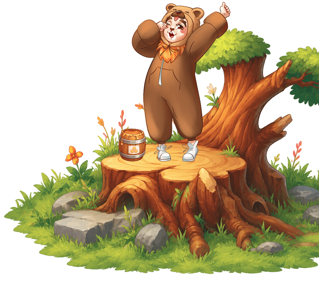 An illustration of a boy dressed as a sleepy teddy bear on a tree stump for a children's play