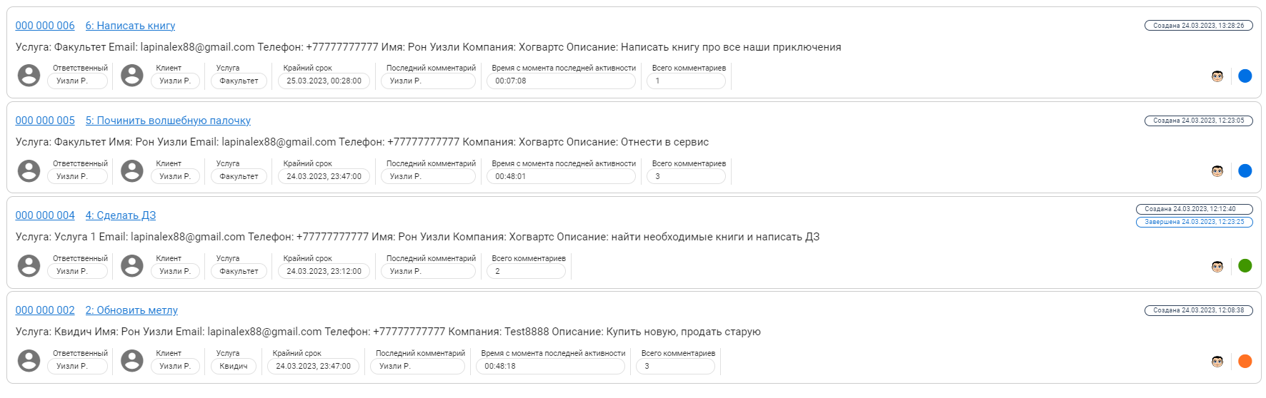 Заявки со всеми полями