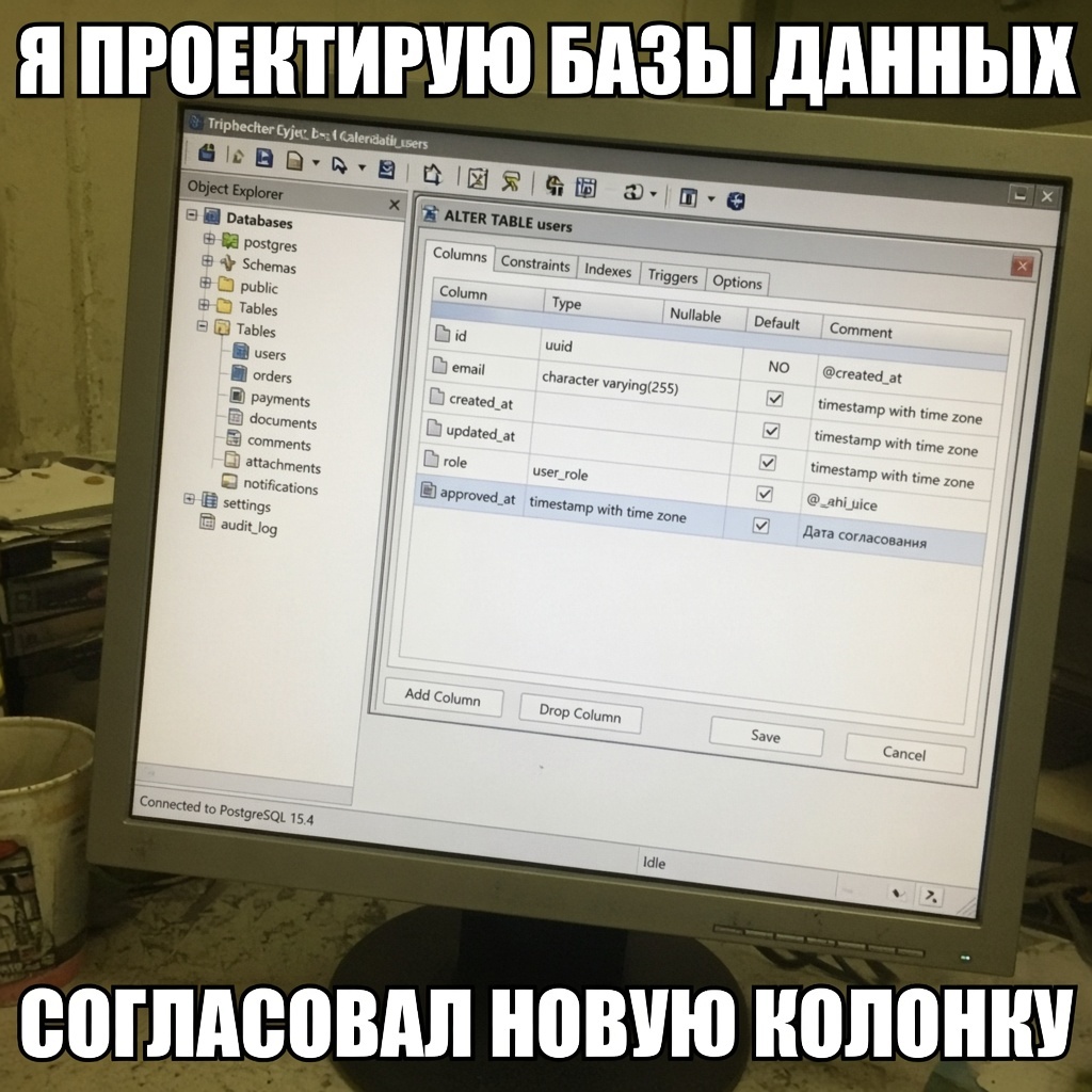 Мем: я проектирую базы данных — согласовал новую колонку