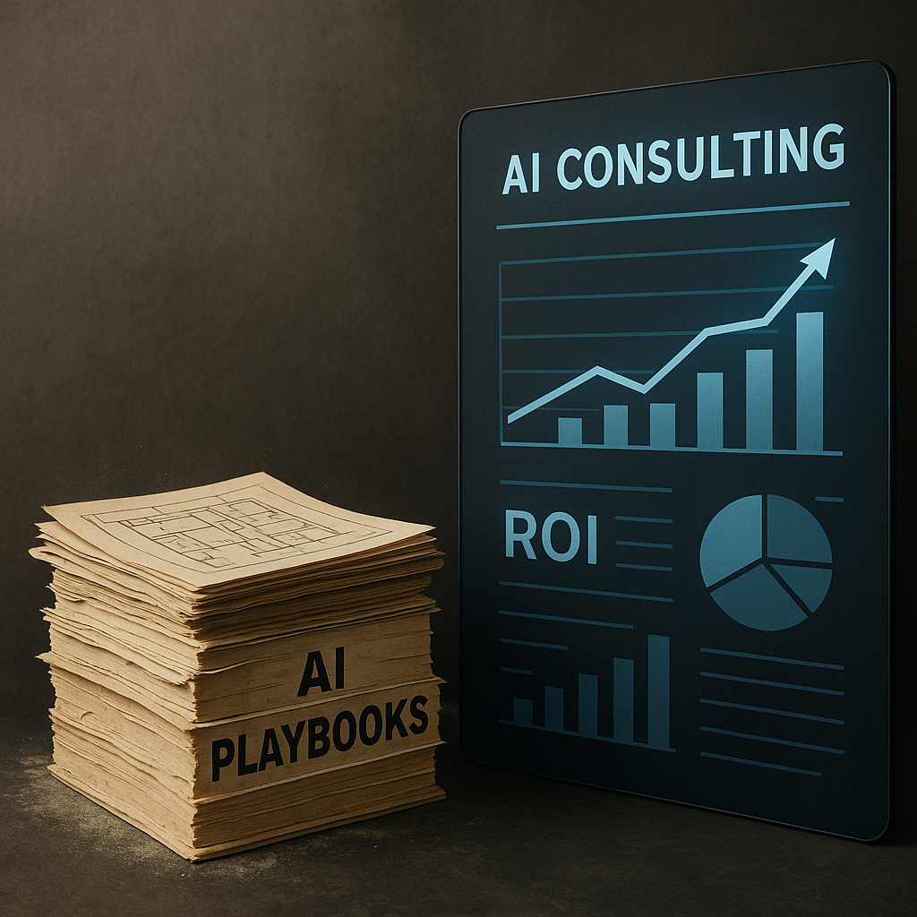 Stack of AI playbook blueprints next to a digital AI consulting ROI dashboard