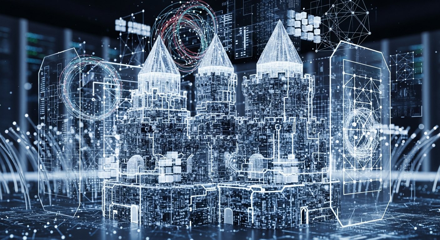 Абстрактная цифровая визуализация: замки, криптографические алгоритмы и защитные слои на темном технологичном фоне