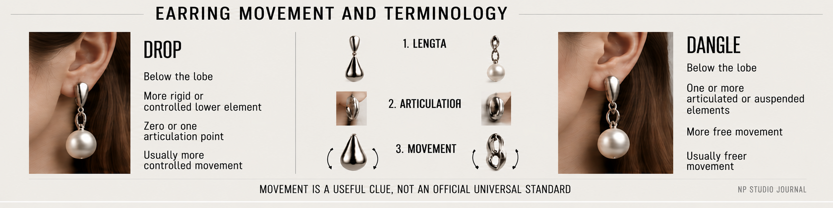 Drop and dangle earrings compared by position below the lobe, articulation and movement