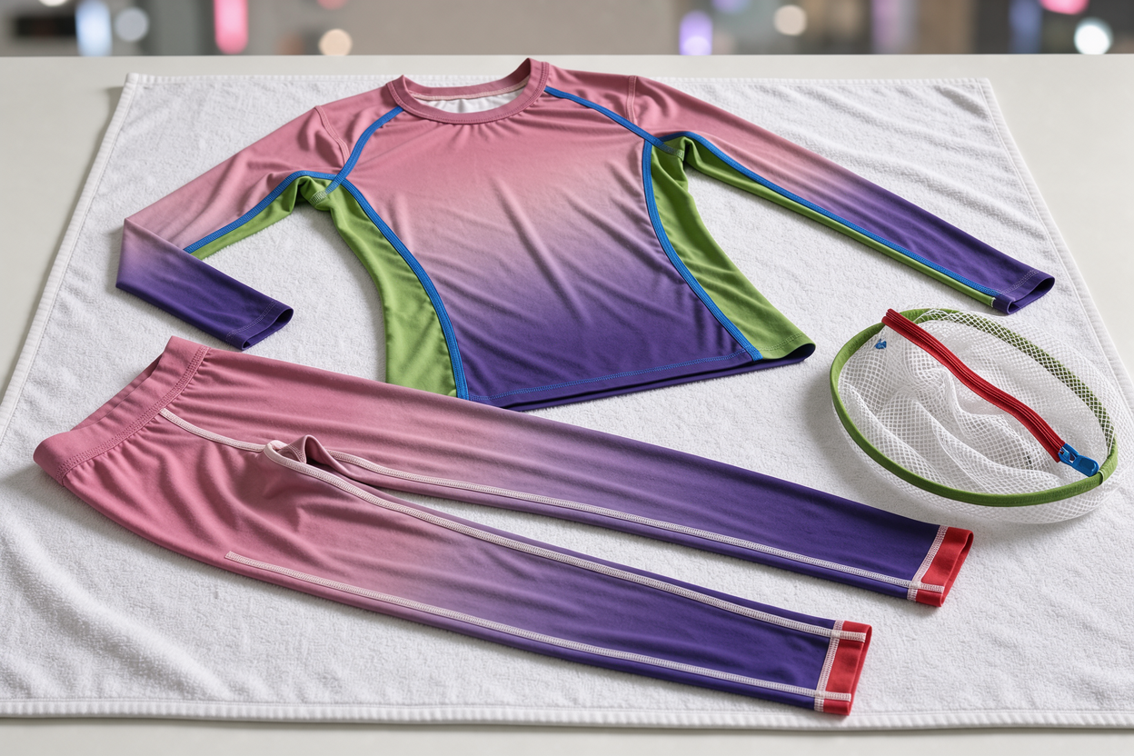 Compression garments laid flat on a towel to air-dry indoors away from direct sunlight, with a lingerie laundry net visible nearby