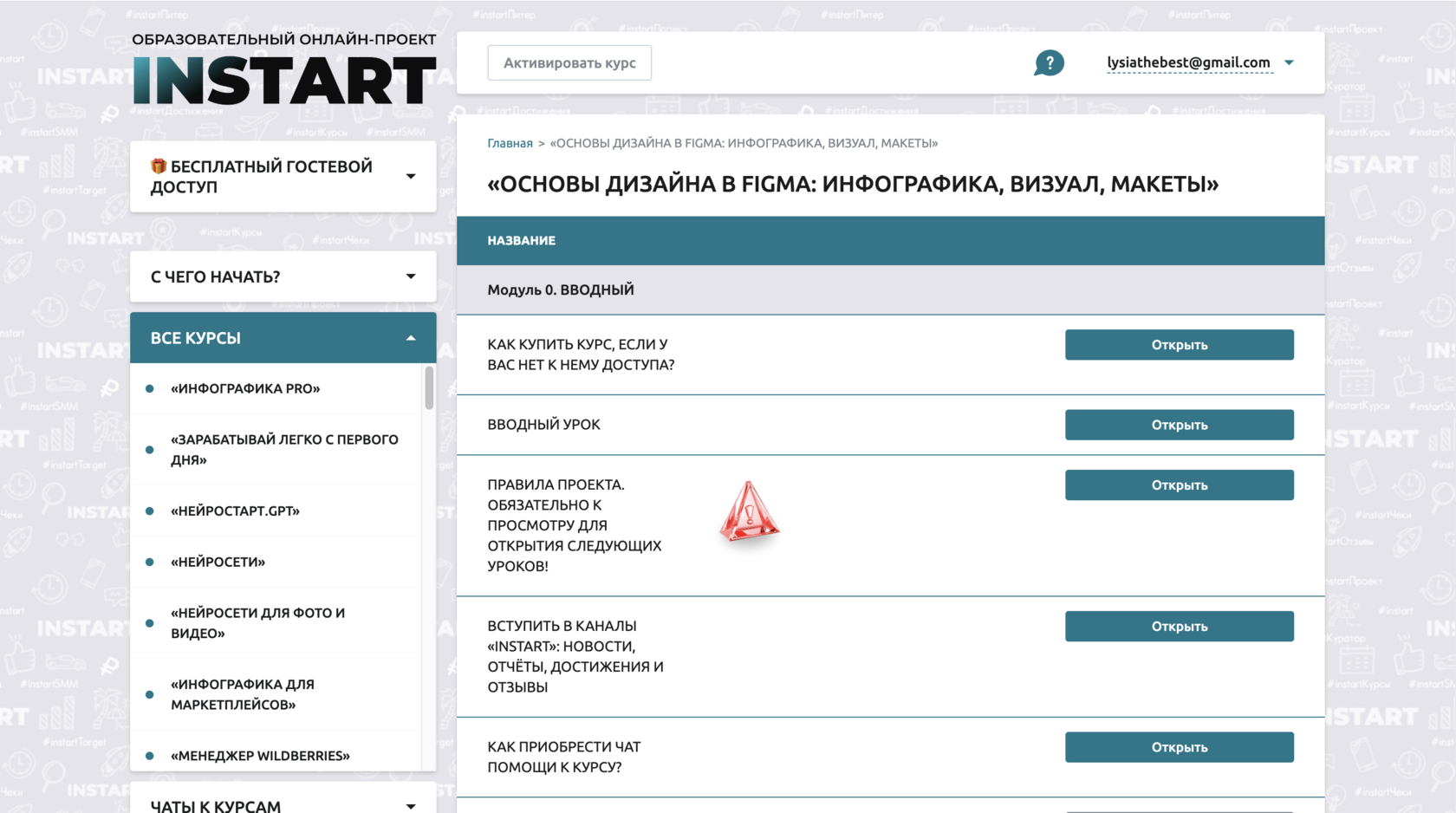 Личный кабинет ученика на обучающей платформе INSTART