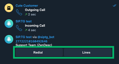 Setting up the Call Back and Line features for Telegram users' call history to the Gateway account