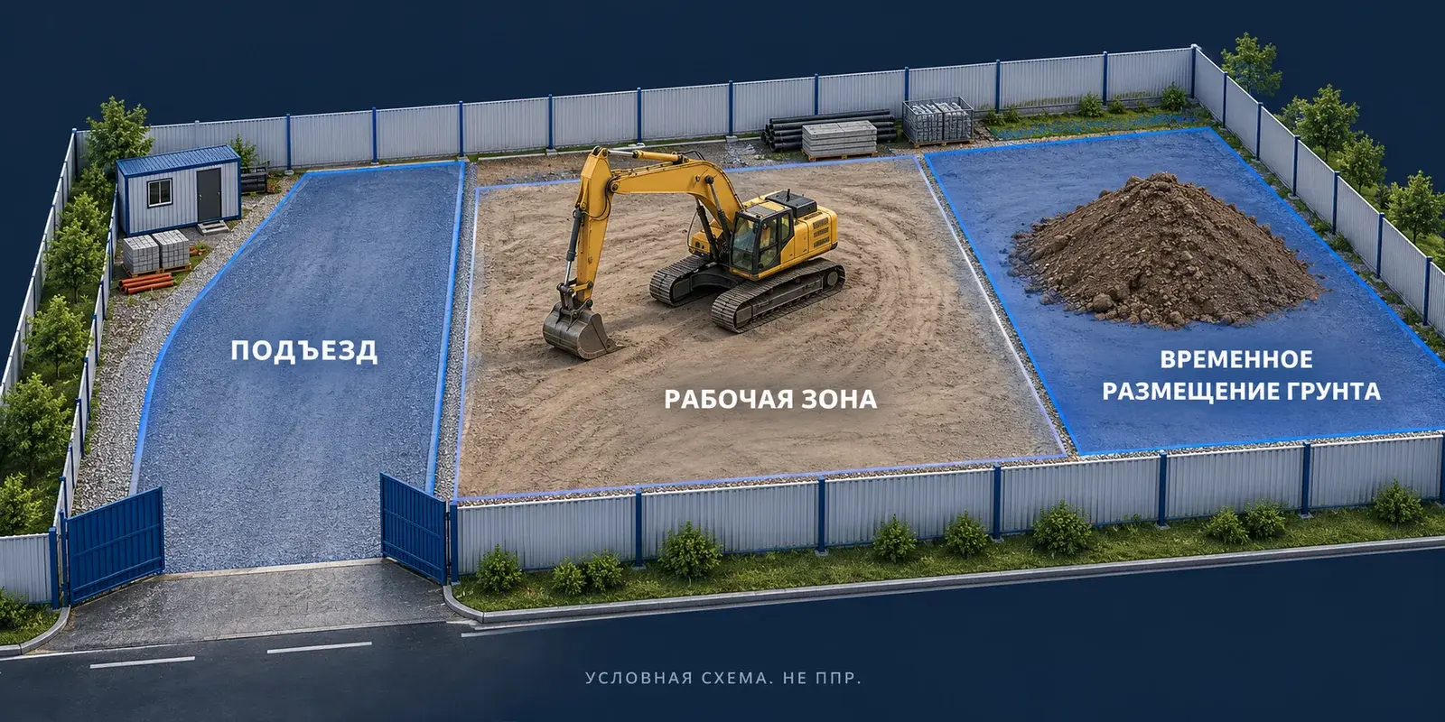 Условная схема площадки с подъездом, рабочей зоной и местом временного размещения грунта