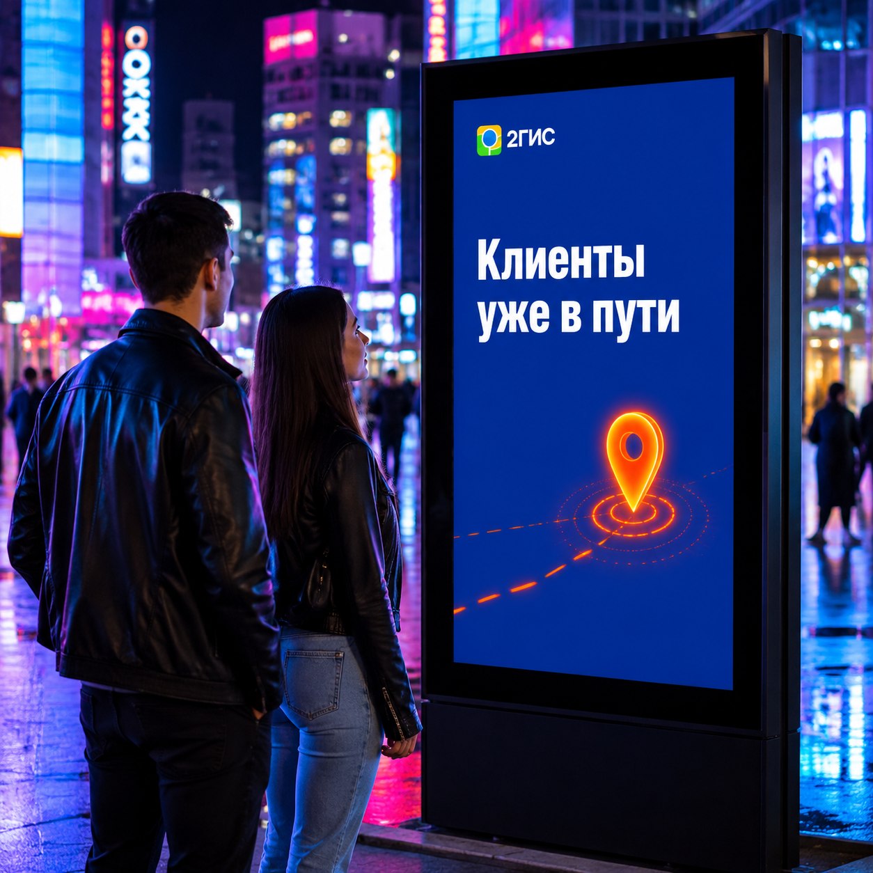 Вечерняя площадь с уличным инфо-стендом, отображающим Клиенты уже в пути, в контрастных оранжево-синих цветах с логотипом 2гис