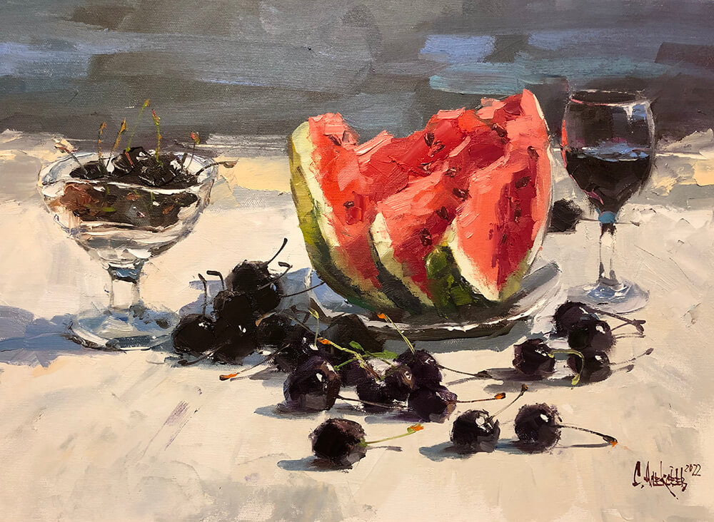 Cherries and watermelon. 2022. Oil on canvas, 40x50 cm