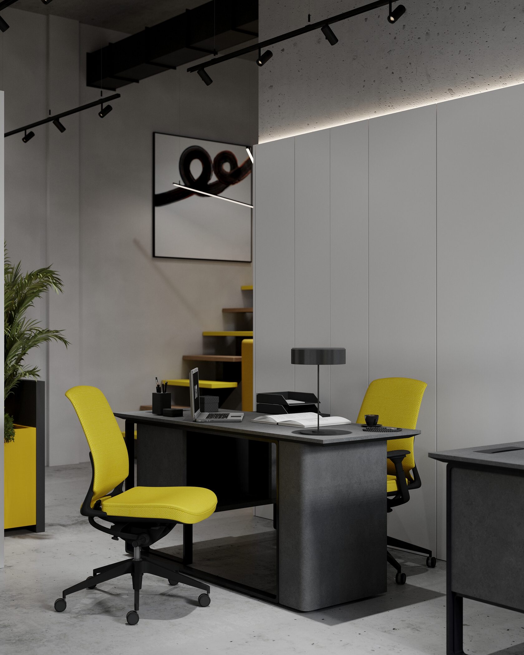 желтые рабочие стулья в интерьере 