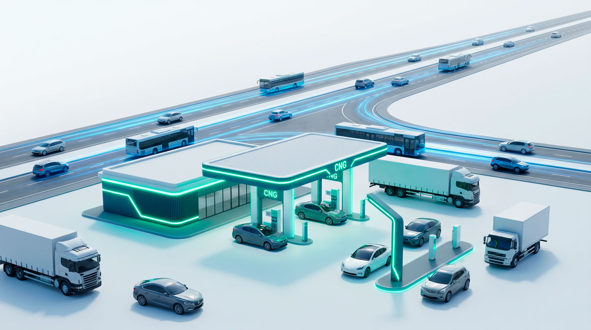 Современная газозаправочная станция CNG для автомобилей, грузовиков и автобусов на фоне трассы с движущимся транспортом, развитие газомоторной инфраструктуры в России.