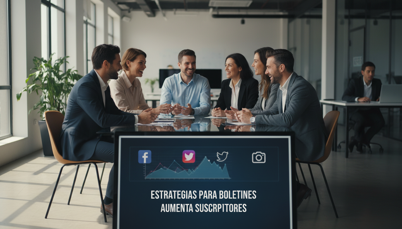 Profesionales planificando estrategias de redes sociales para aumentar el número de suscriptores al boletín informativo. 