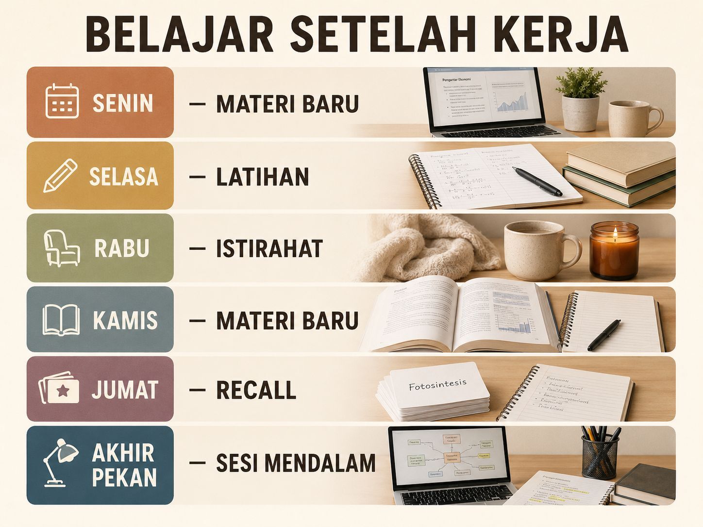 Contoh jadwal belajar pekerja dengan sesi pendek tersebar sepanjang satu minggu