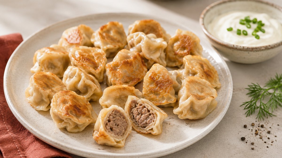 Готовые жареные пельмени со сметаной и зеленью
