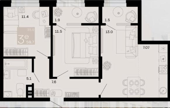 Планировка 2-комнатной квартиры 59.7 м²