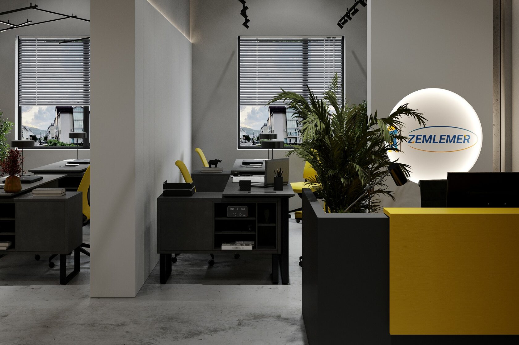 офис для компании геодезистов с желтыми яркими элементами 