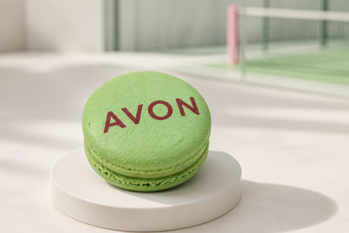 Зелёный макарун с логотипом AVON на фоне площадки для падел-тенниса