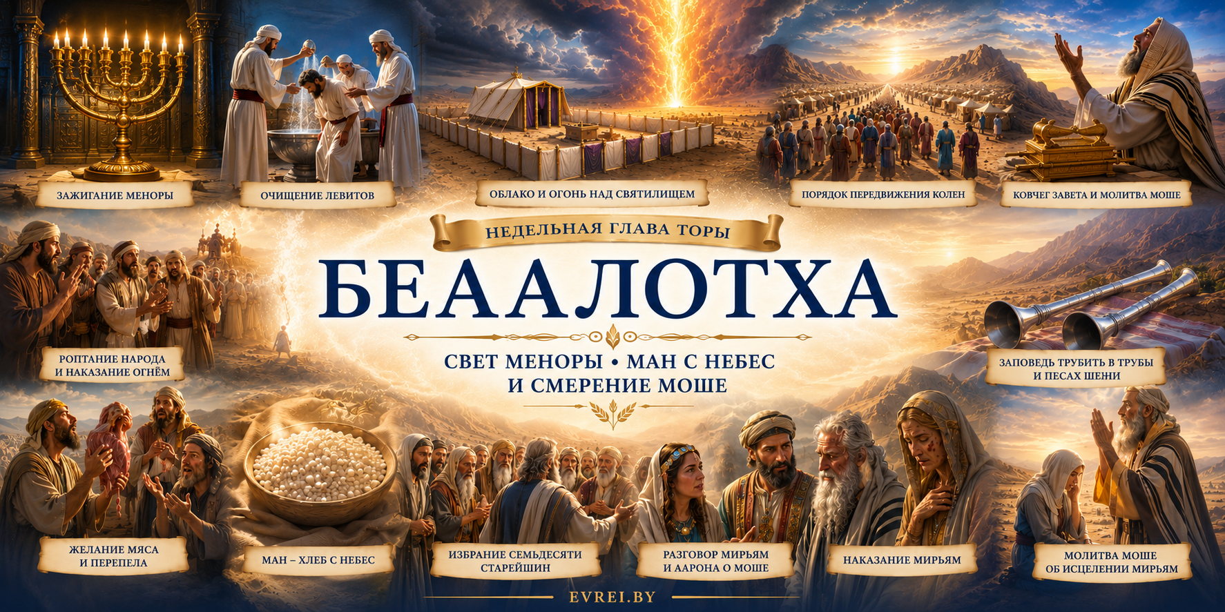 Недельная глава Беаалотха - иллюстрация с менорой, маном с небес, облаком над Мишканом, молитвой Моше, левитами и путешествием народа Израиля по пустыне.