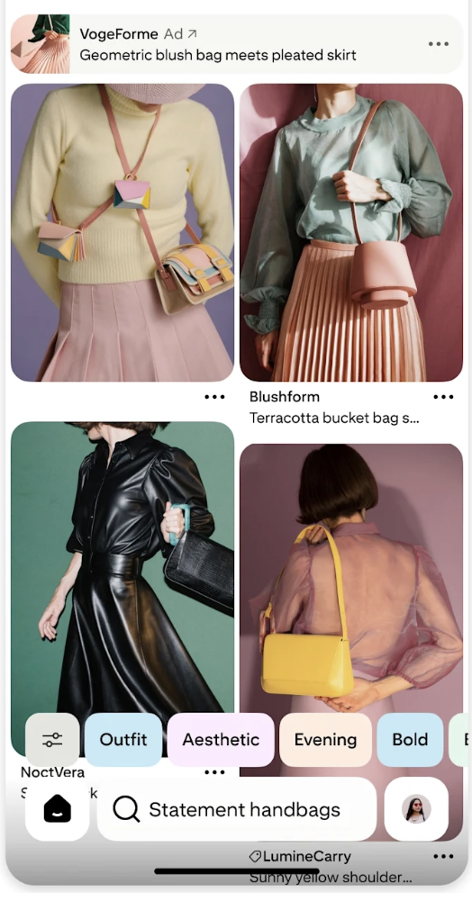 Pinterest visual search interface displaying handbag recommendations and visually similar fashion products