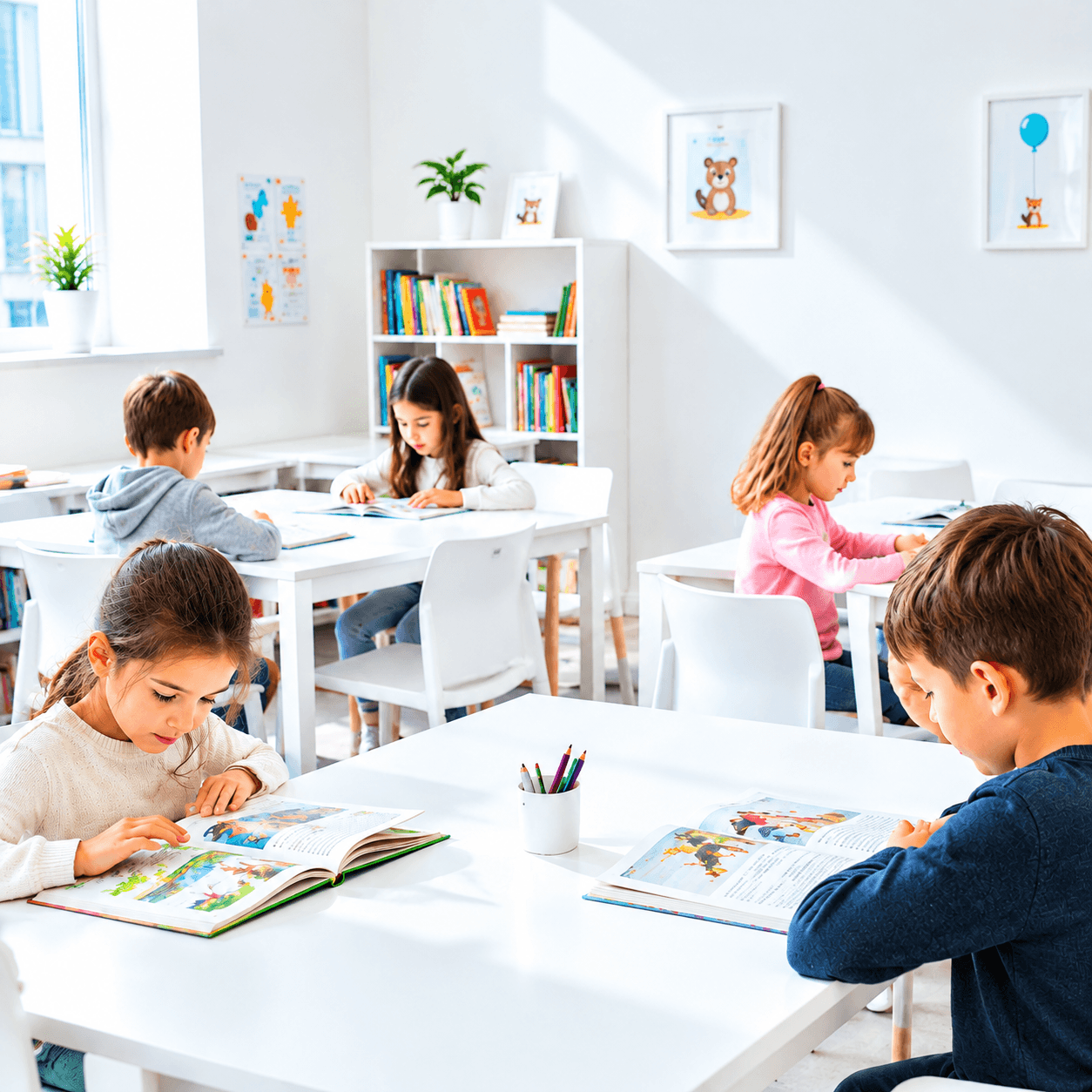 Дети читают книги за белыми столами в светлом классе