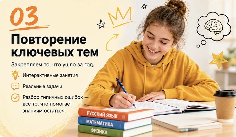03. Повторение ключевых тем. Закрепляем то, что ушло за год: интерактивные занятия, реальные задачи, разбор типичных ошибок — всё, что помогает знаниям остаться.