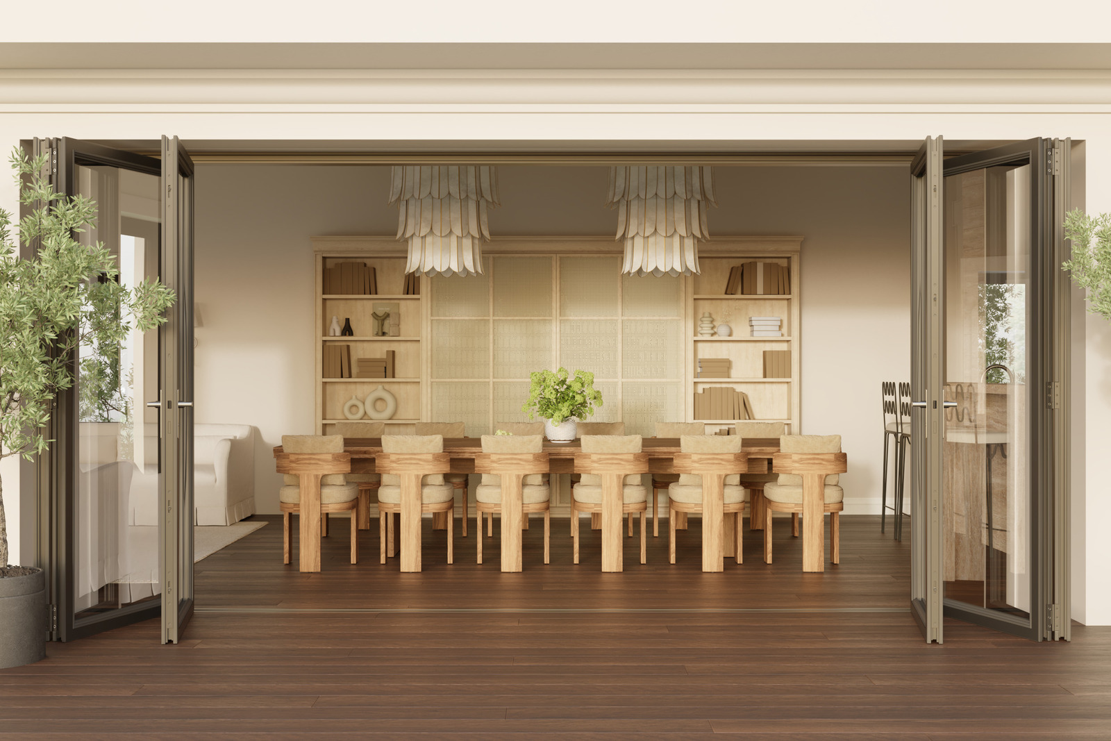 Малый дом с солнечной гостиной с большим столом в спокойной цветовой гамме. Дизайнер интерьера Екатерина Фёдорова