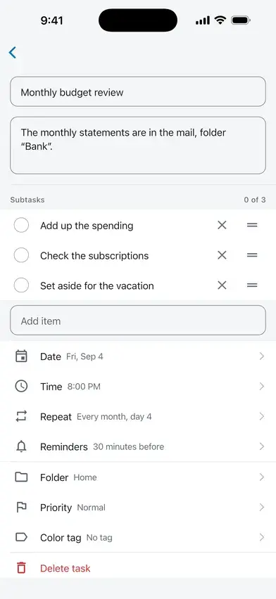 Task screen: subtasks, date, time, repeat