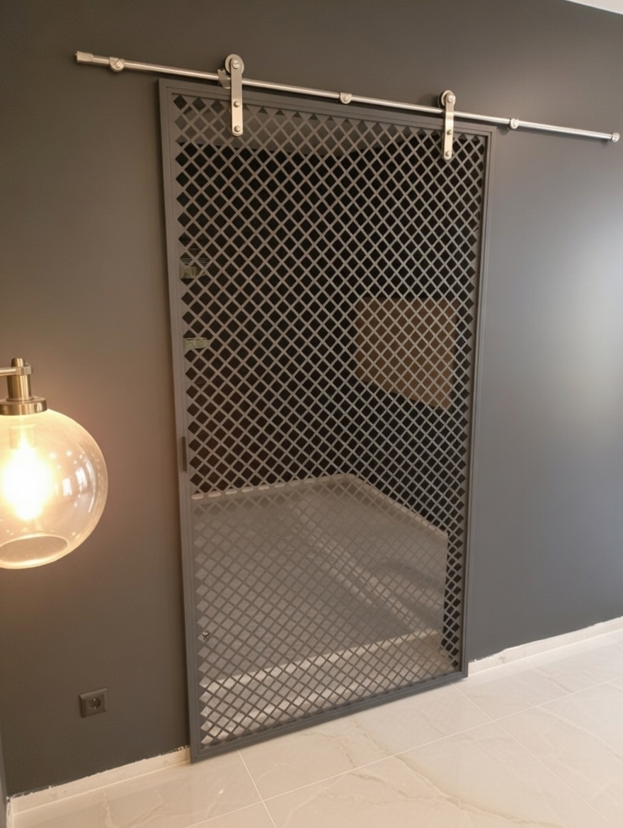 Элегантная раздвижная дверь в стиле лофт — сочетание индустриальной эстетики и современных технологий.  Видимые каретки из шлифованной нержавеющей стали создают эффектный акцент и подчёркивают конструктивную логику дизайна.  Створка, собранная на каркасе из стального уголка с заполнением стальной сеткой, сочетает прочность и визуальную лёгкость.  Высококачественное порошковое покрытие не только украшает, но и надёжно защищает металл, обеспечивая безупречную эксплуатацию в течение многих лет.