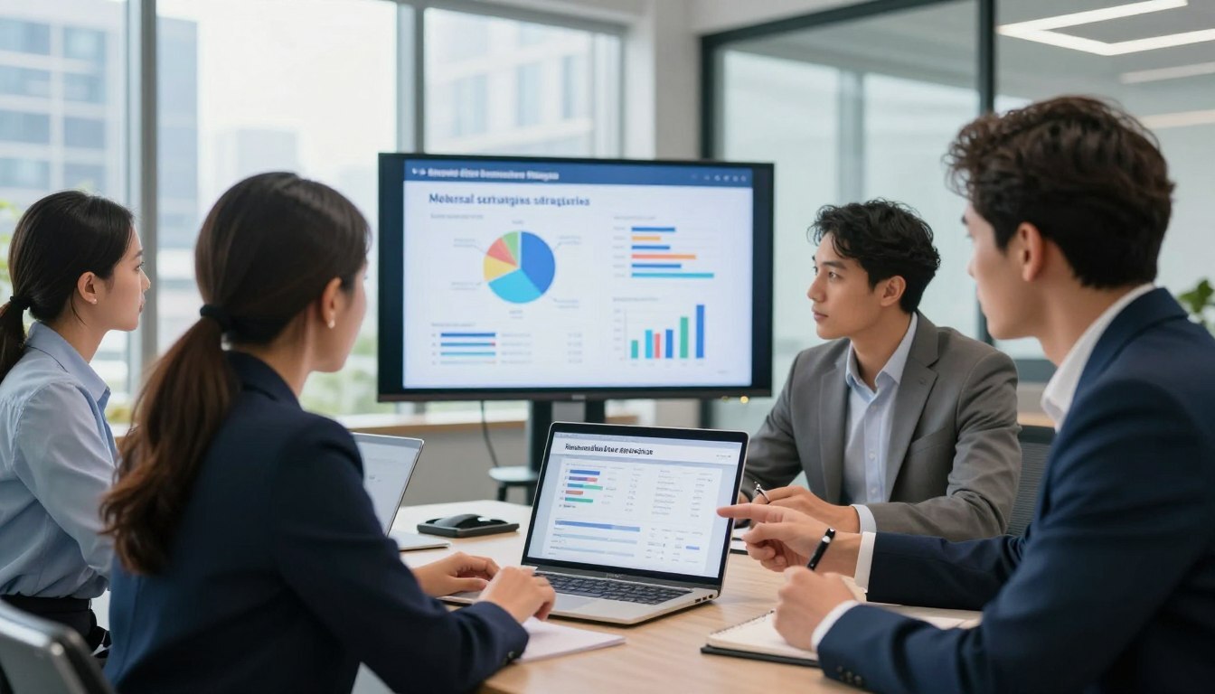 A modern office setting featuring a diverse group of business professionals