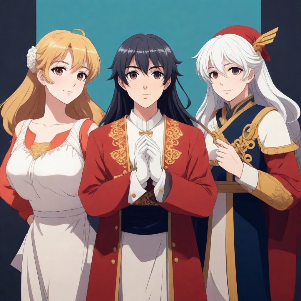 Трое аниме персонажей в сказочных одеждах