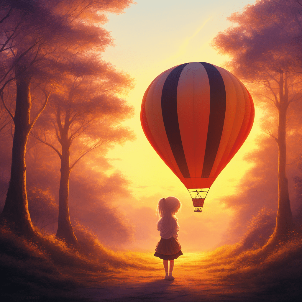 little girl anime airballon sunset forest