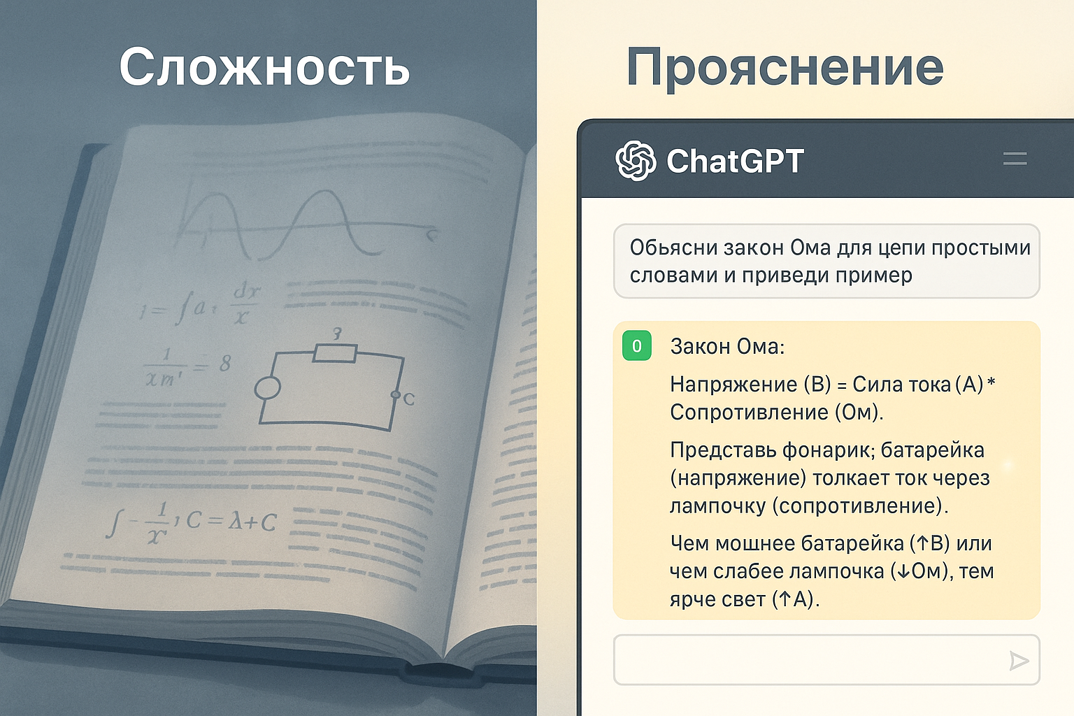 Сравнение: затуманенный учебник с формулами (сложность) vs ясный ответ ChatGPT на запрос 'Объясни закон Ома на примере фонарика'. Помощь ИИ в понимании.