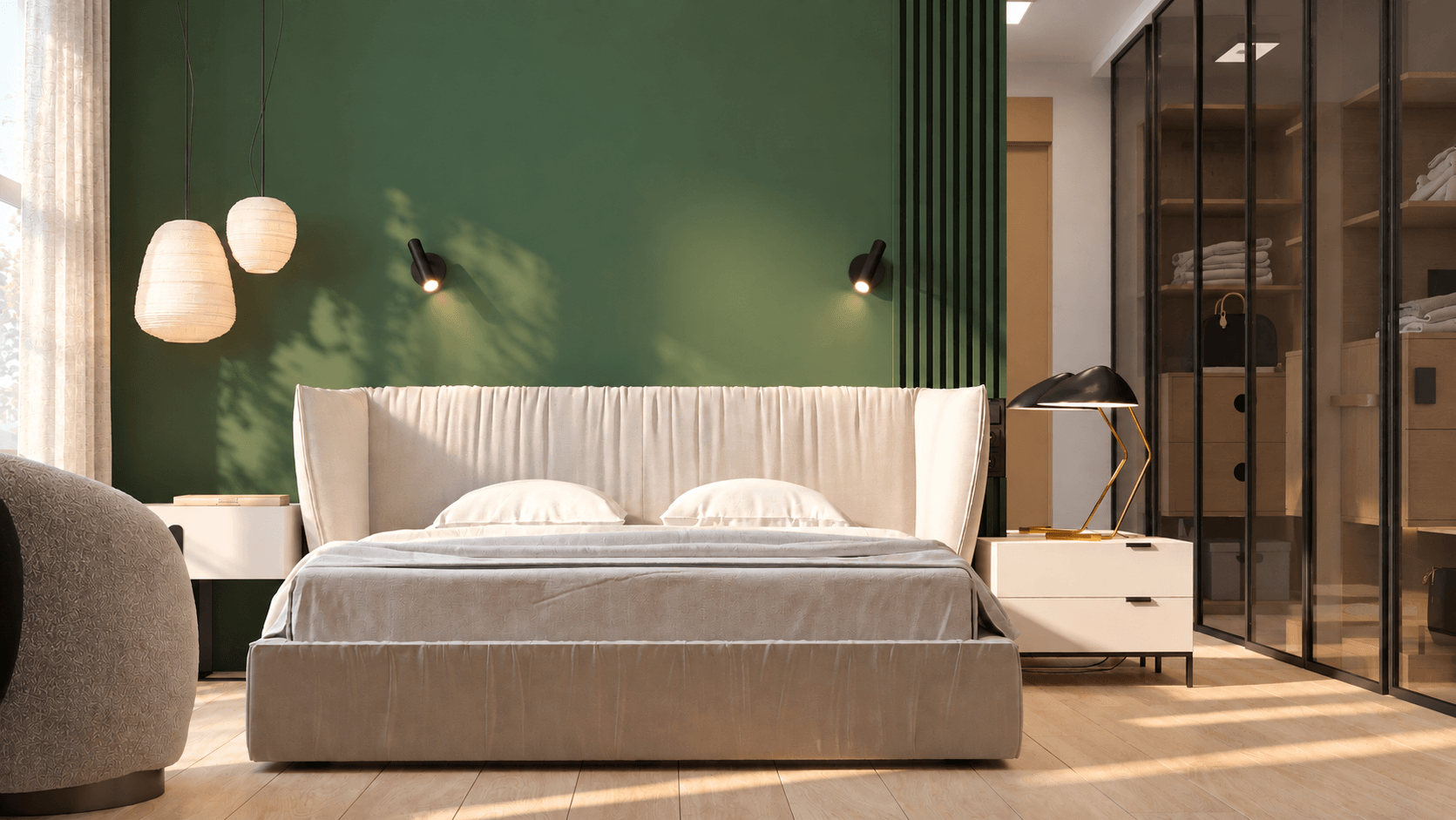 Chambre lumineuse avec dressing derrière des portes vitrées dans un appartement optimisé pour un petit salon