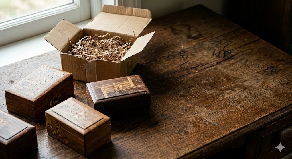 День ящиков, ящичков и коробочек на фоне деревянного стола.