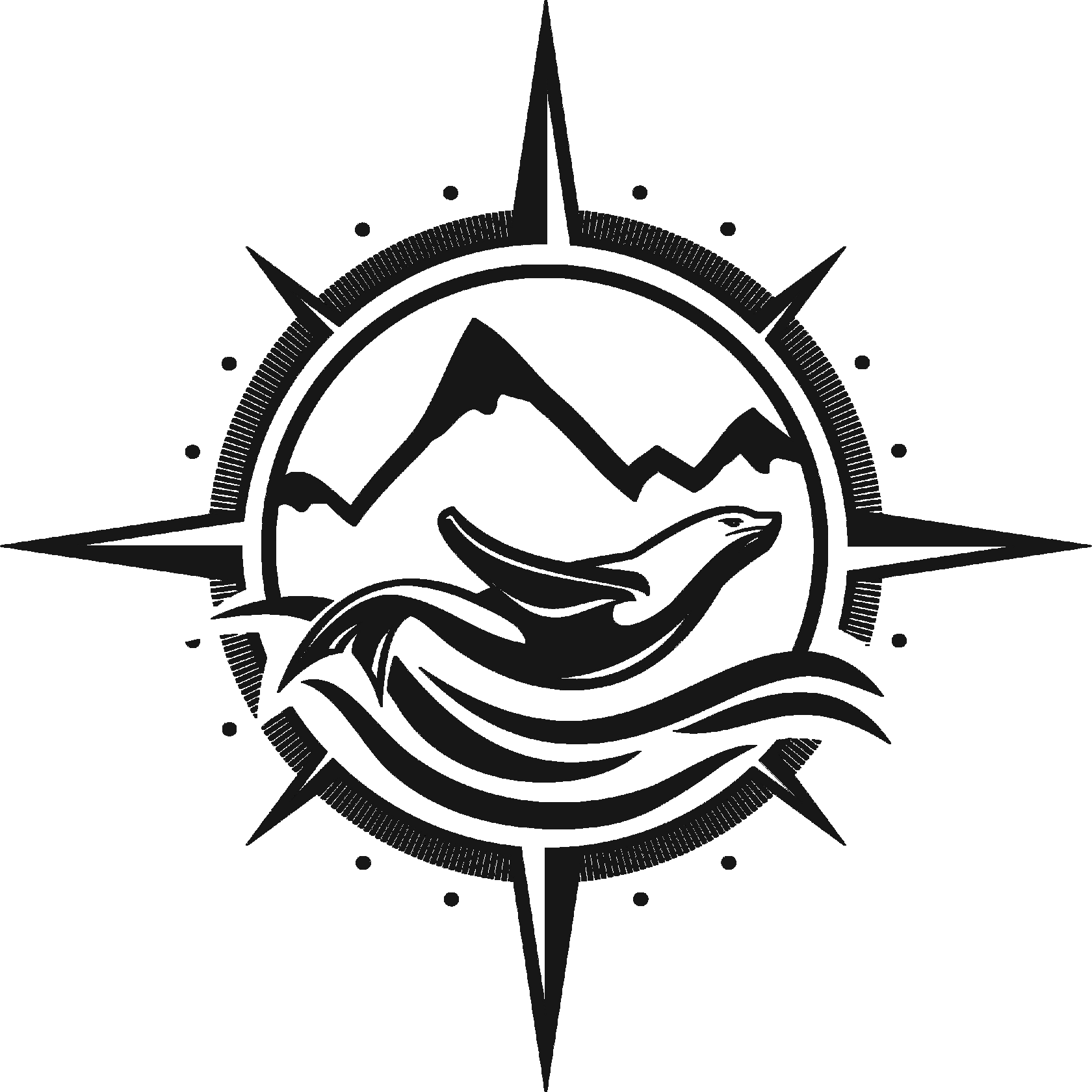 Логотип спортивного клуба «Нетюлень» в виде тюленя, который плавает в море на фоне гор и всё это в очертаниях компаса с 4 направлениями света: Север, Юг, Запад, Восток