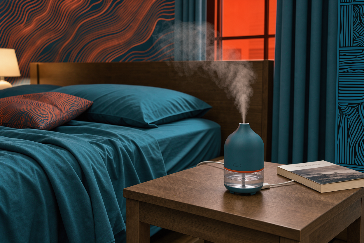 An ultrasonic aroma diffuser on a bedside table releasing a subtle mist in a bedroom, small water reservoir visible, no brand names