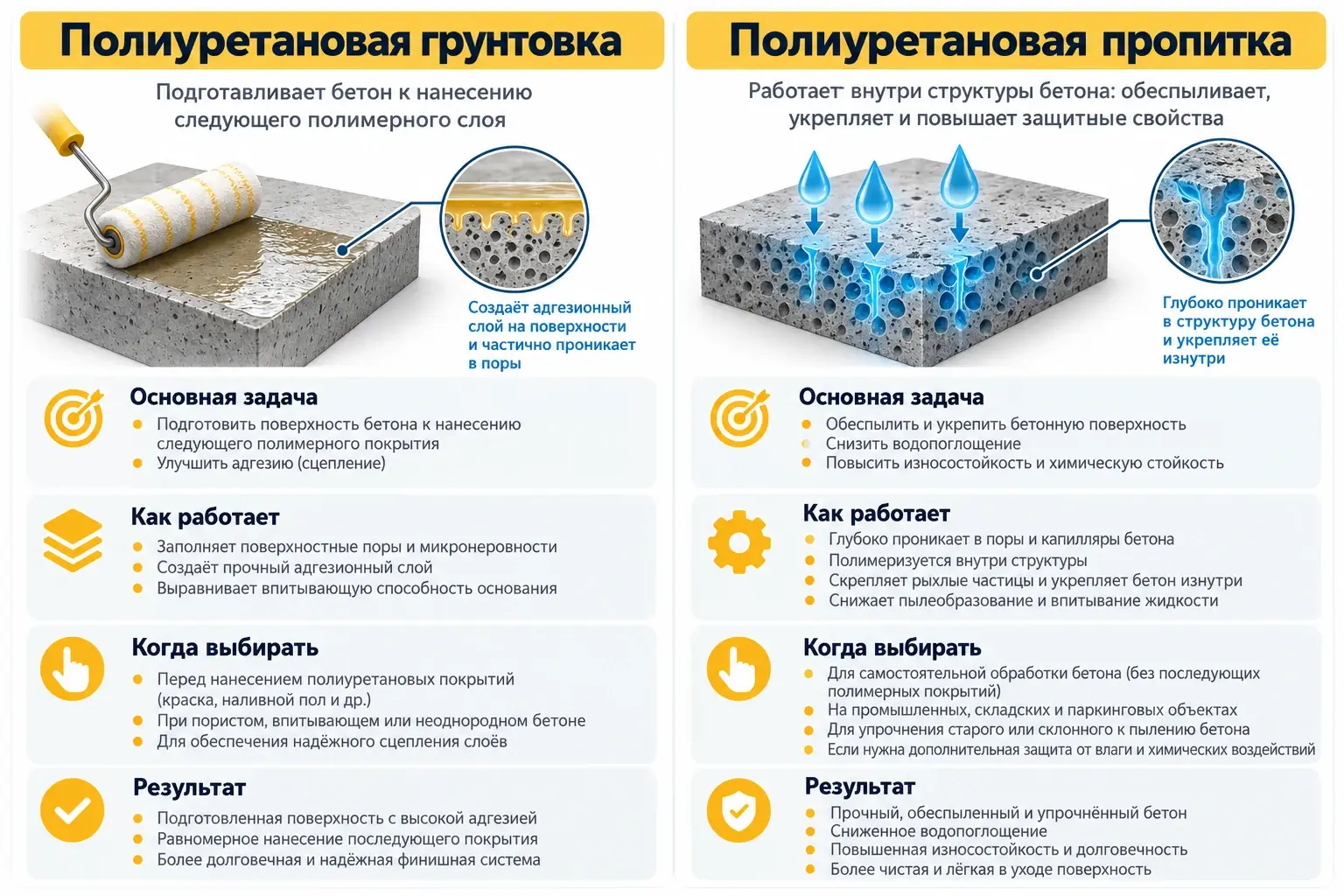 Отличия полиуретановой грунтовки и пропитки для бетона