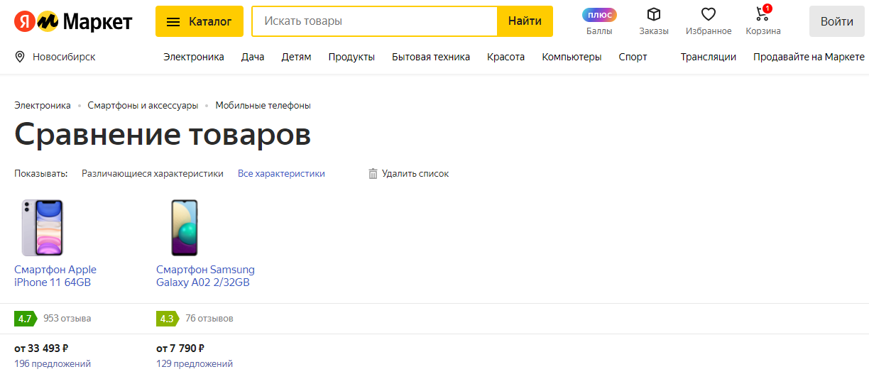 Пример сравнения товаров в онлайн-магазине