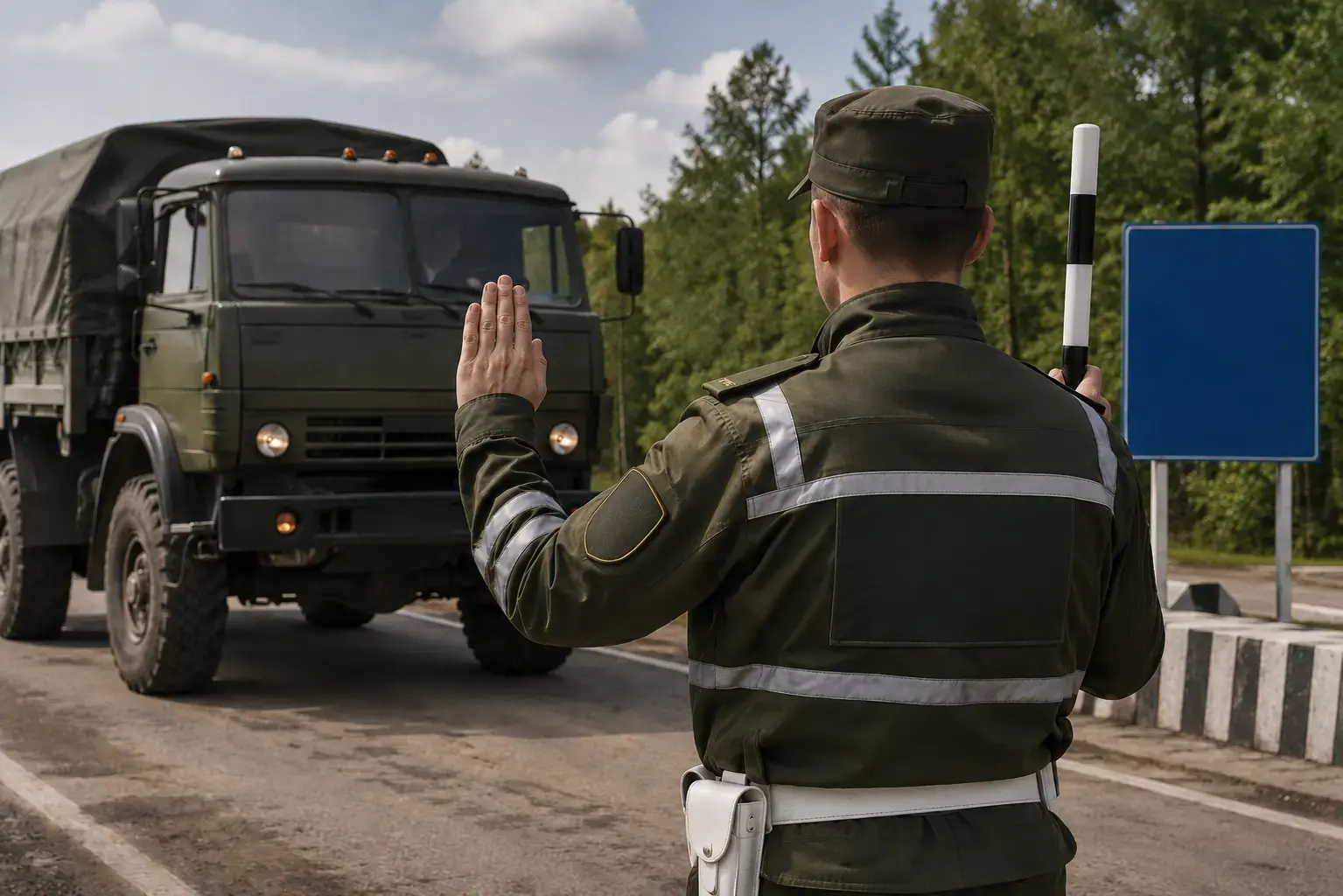 Инспектор ВАИ проверяет документы водителя военного автомобиля