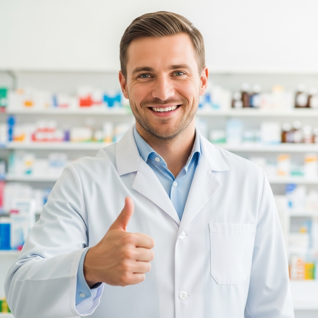 Улыбающийся фармацевт компании Ваше здоровье показывает большой палец вверх