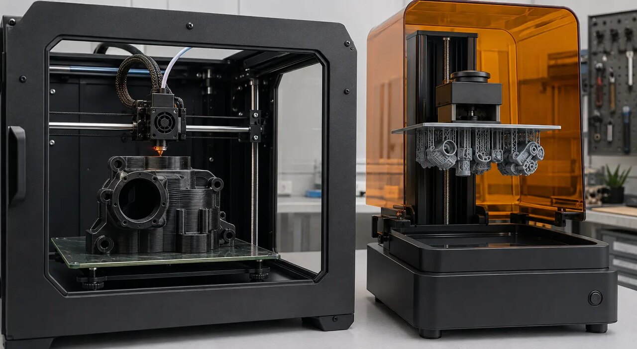 Сравнение технологий 3D-печати: слева FDM-принтер печатает прочный корпус, справа SLA-принтер создаёт точные детали