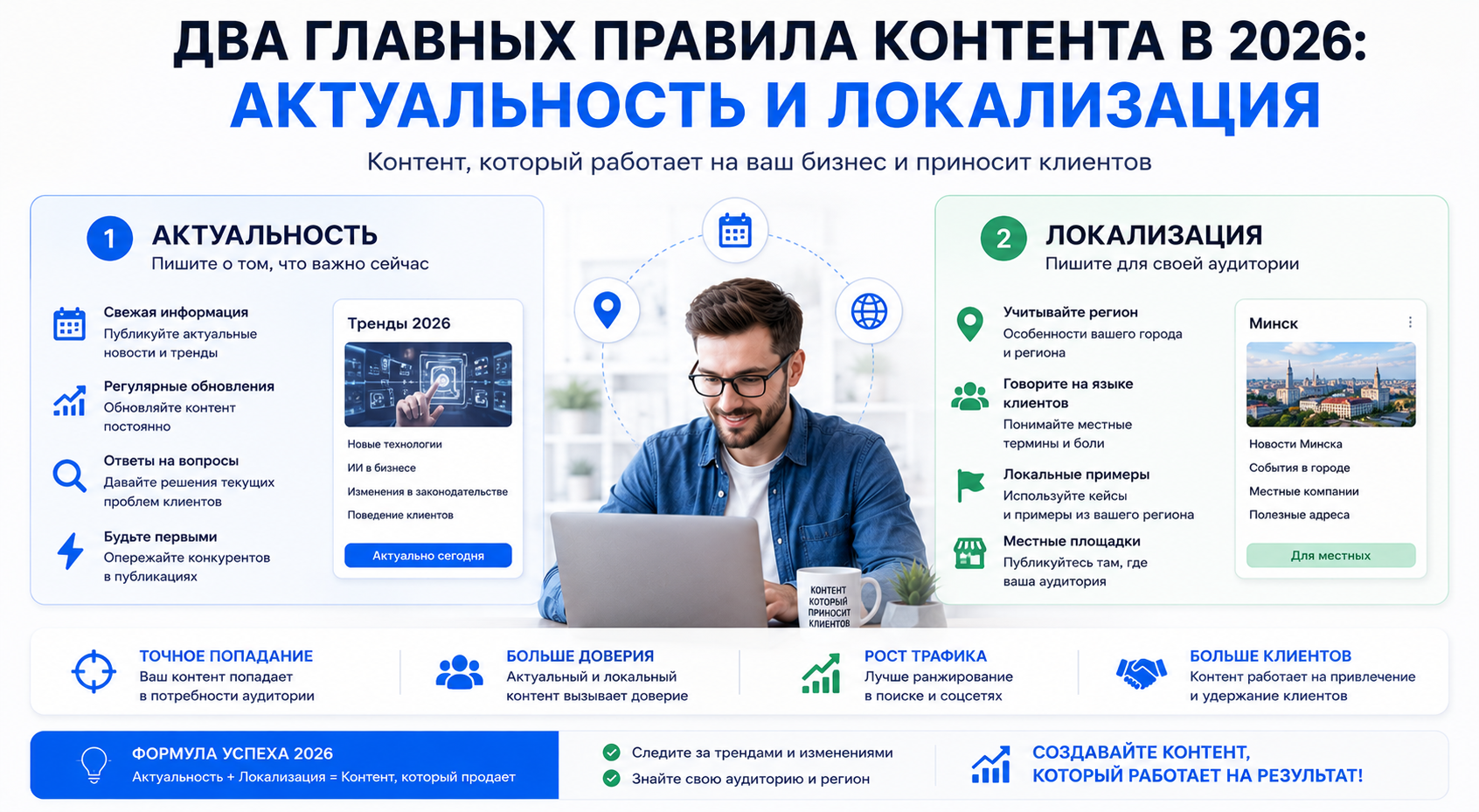 Создание актуального и локализованного контента для бизнеса в Беларуси: публикация полезных материалов, которые соответствуют интересам аудитории и региональным запросам клиентов.