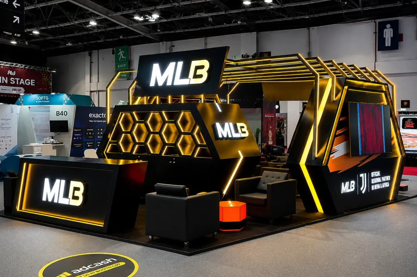 Activation stand with a gold frame structure and display cases