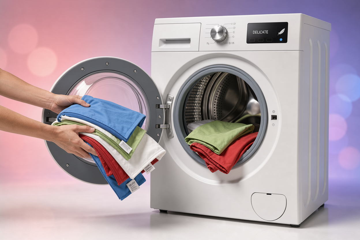 washing machine front-loading with an open door and a bundle of removable covers being placed inside on a delicate cycle, no detergent bottles visible