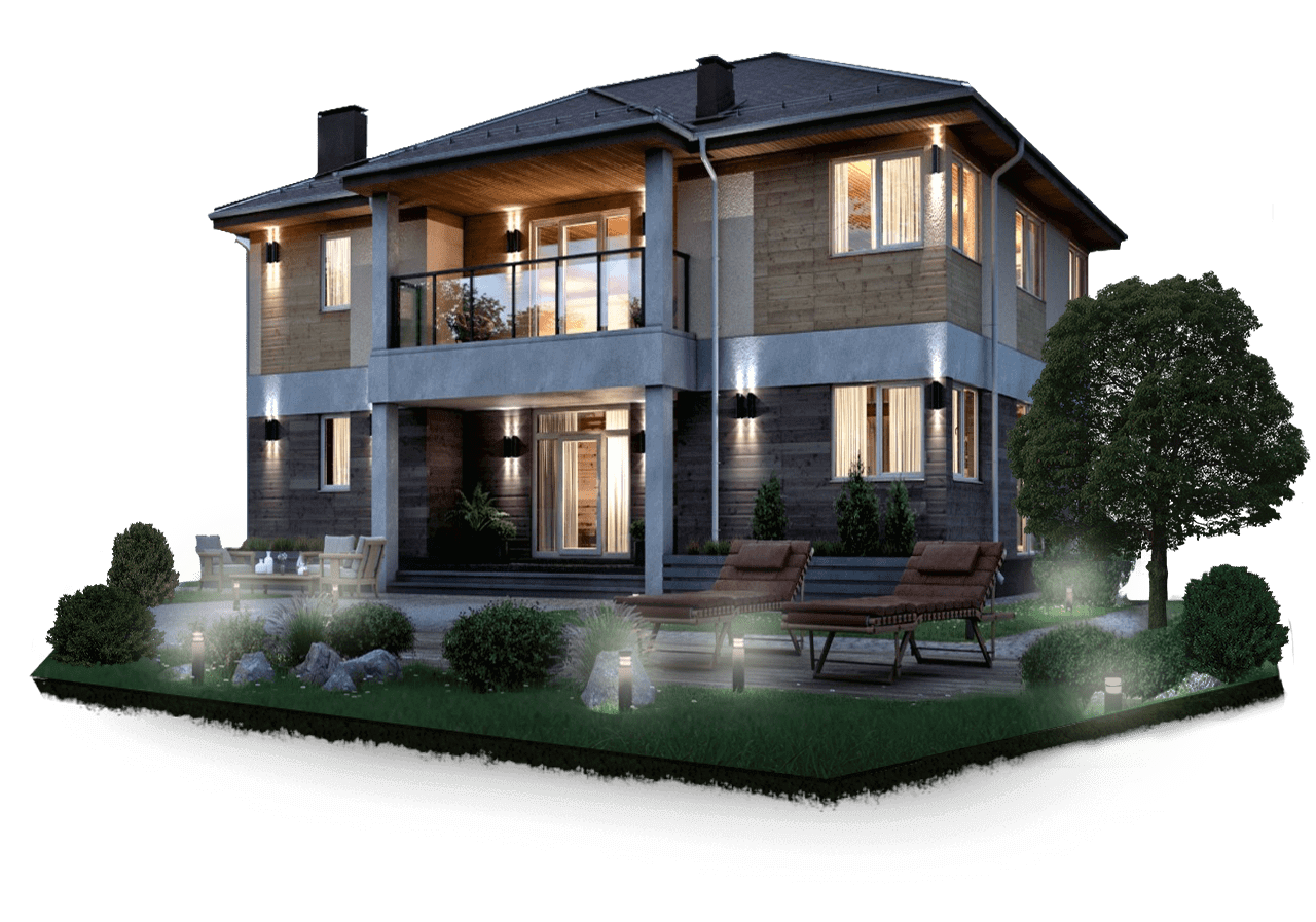 Частный дом с подсветкой фасада и ландшафтным освещением