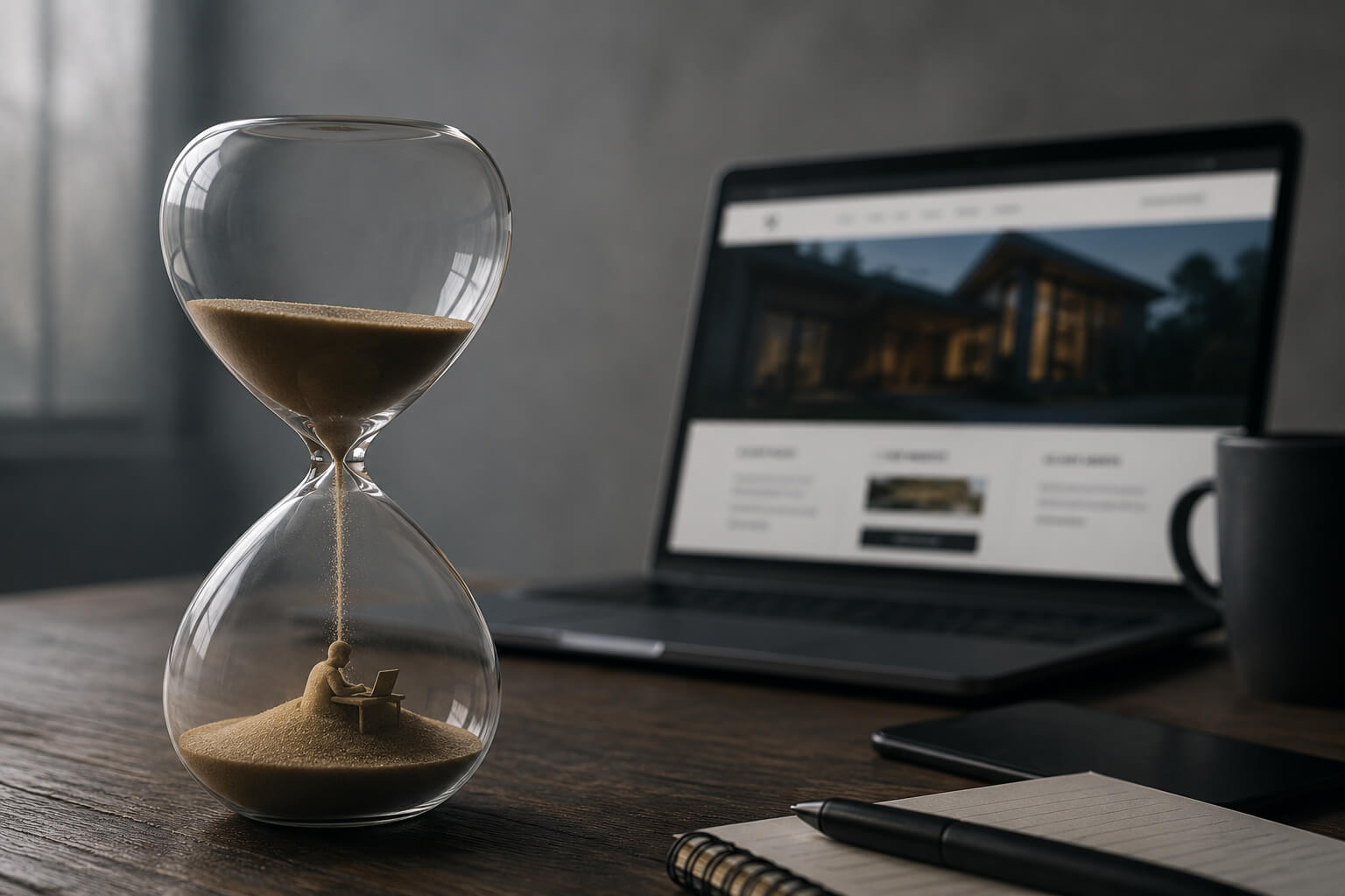 Hourglass beside a laptop representing how a clear business website saves the owner time
